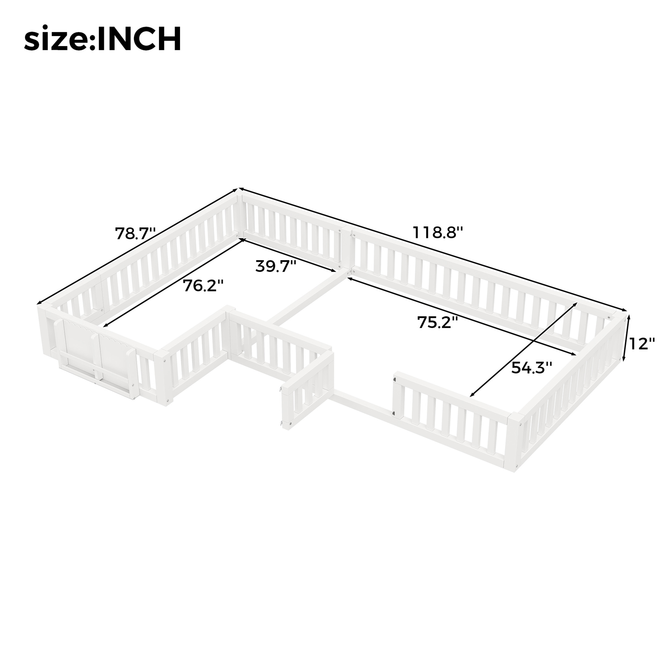Noble House Lorven Twin & Full L-Shaped Floor Bed with Built-in Bookcase & Lockable Safety Gate, White