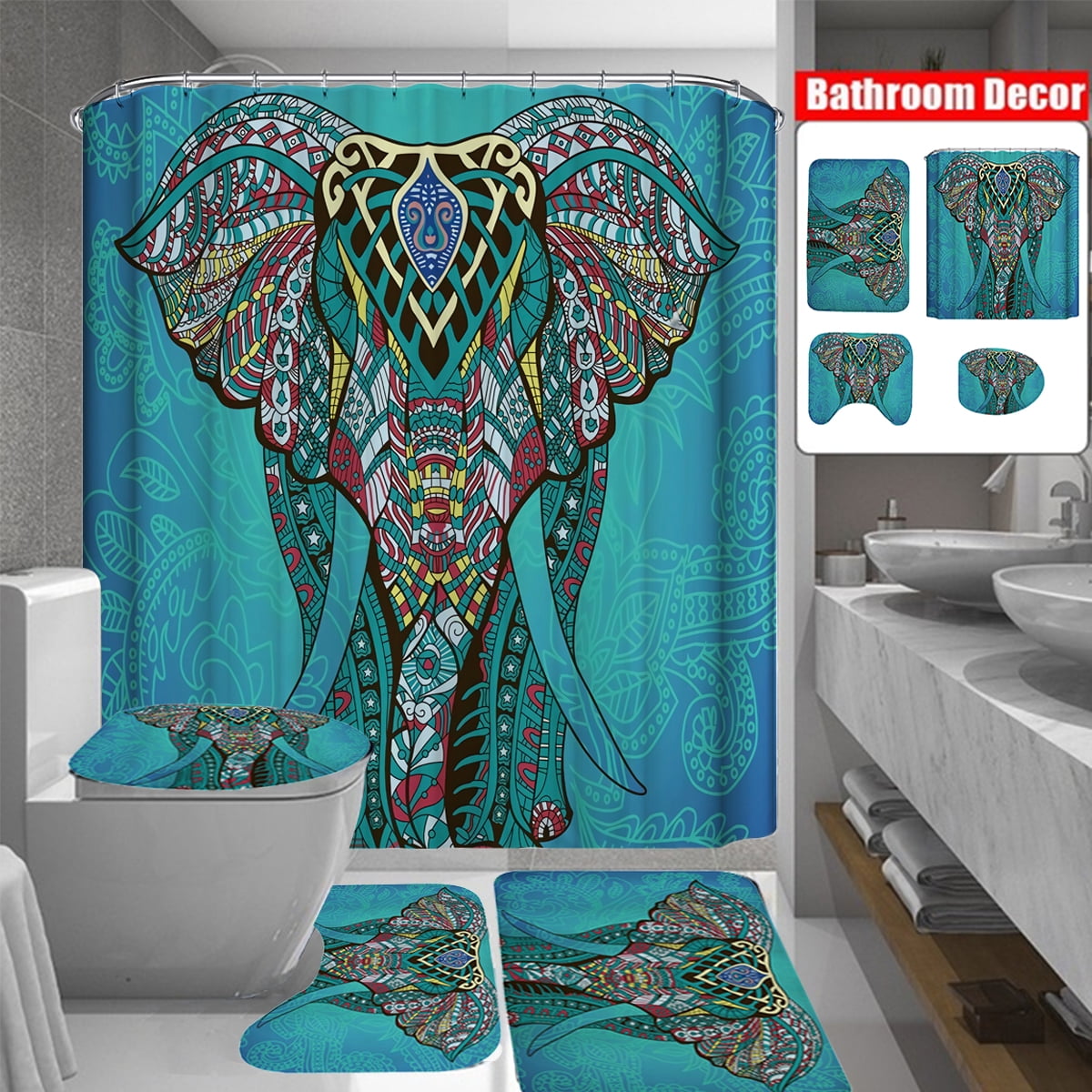 4/3/1PCS Elephant Bathroom Set Shower Curtain Nonslip Bath Mats Toilet