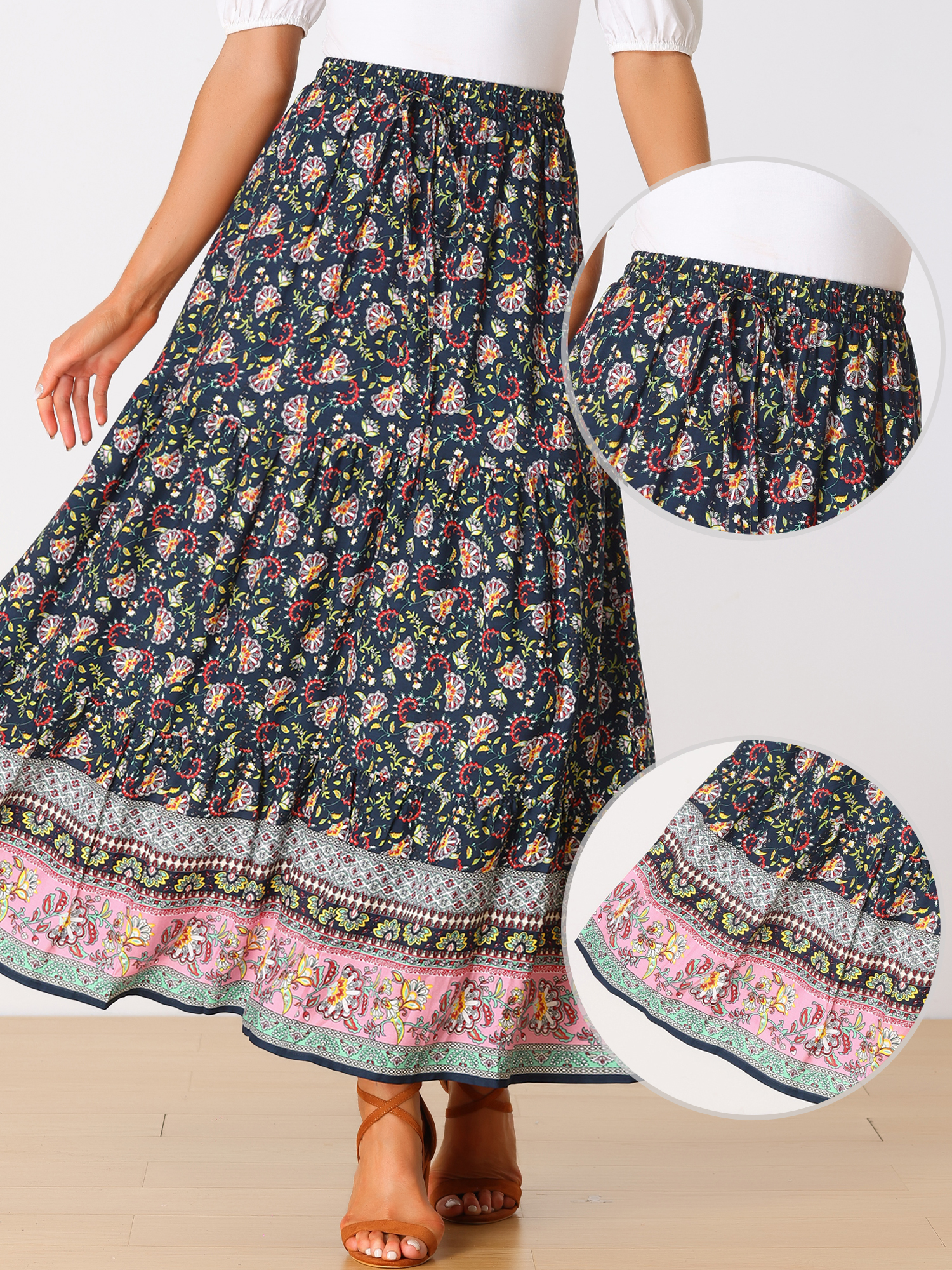 DARING DIVA Women's Boho Flare Floral Skirt XL Navy Blue
