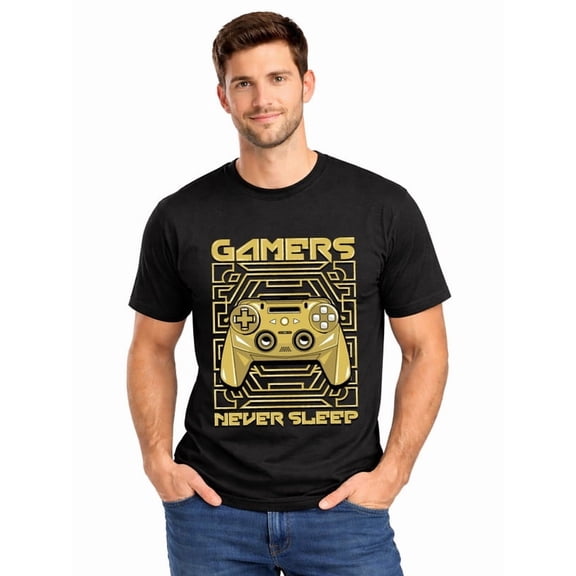 Greenink Graphic Short Sleeve T-Shirt for Men Loose Fit Crewneck with Gamers Never Sleep Cotton Fabric on Black Fabric