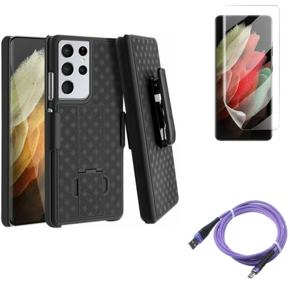 Case Belt Clip & 10ft USB Cable & Matte Screen Protector for Samsung Galaxy S21 Ultra Phone - Holster Swivel & Purple Type-C & TPU Film Anti-Glare Accessory Bundle