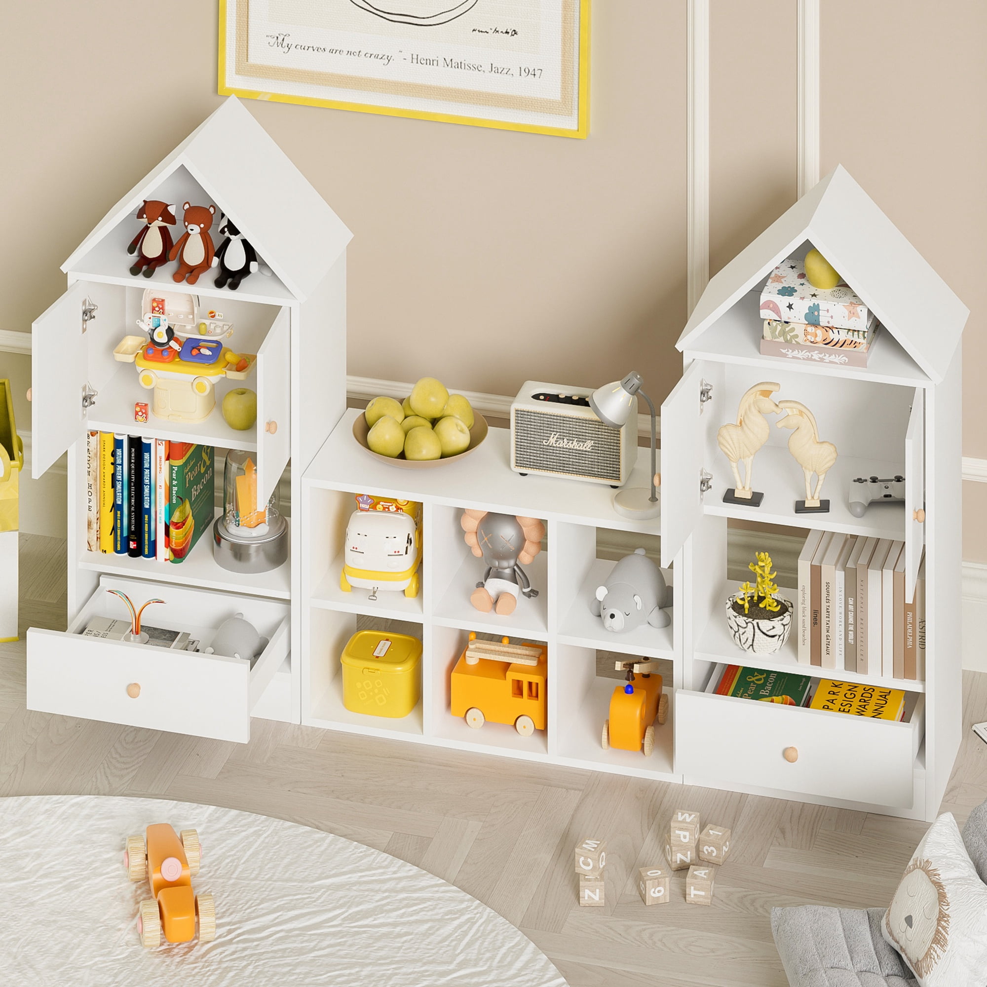 PORKISS Kids Bookshelf, Wooden Bookshelf for Kids with House-Shaped Design, Modern Toy Organizer with Storage for Playroom, Bedroom, White