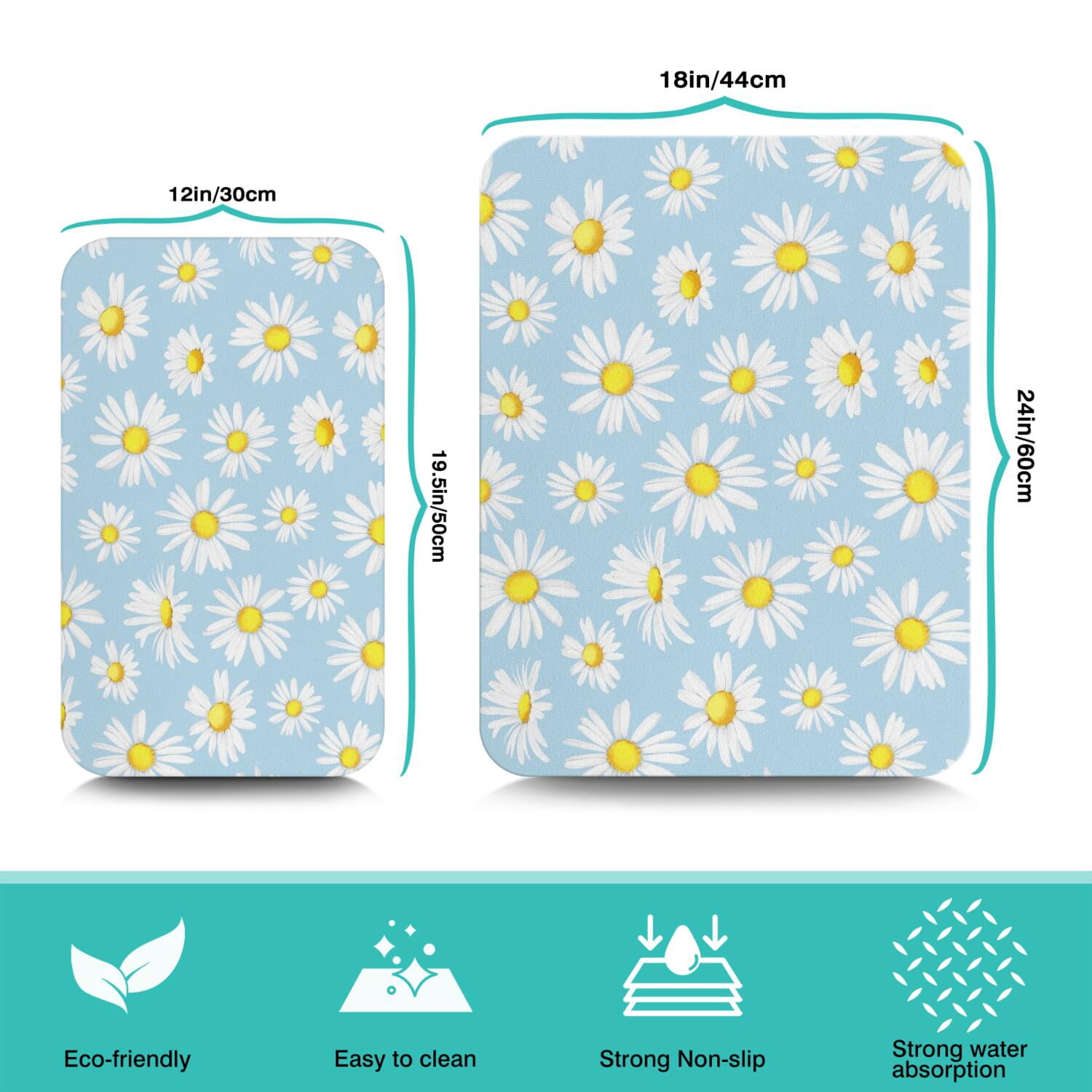2 Pack Washable Rubber Daisy Cute Floral Dish Drying Mats for Kitchen Counter Home Large Coffee Bar Pad Accessories and Decor for Utensils Stemware (2pcs 18''x24''+19.5''x12'')
