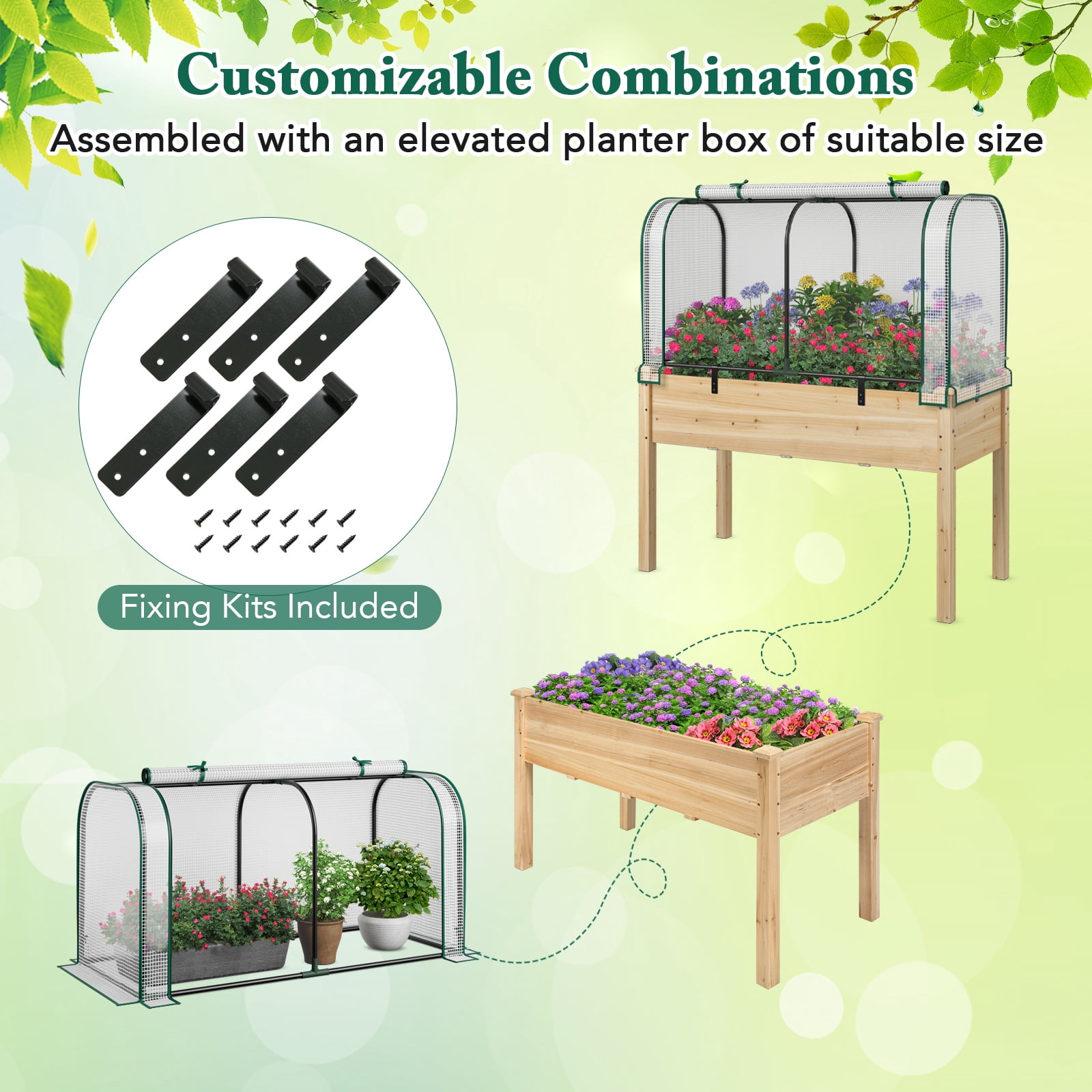 Topbuy Raised Garden Bed with Greenhouse Waterproof Sun-Protective Green Hot House White+Natural