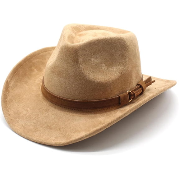 Unisex Western Suede Cowboy Cowgirl Hat With Belt Classic Wide Brim Fedora Hat for Men &Women