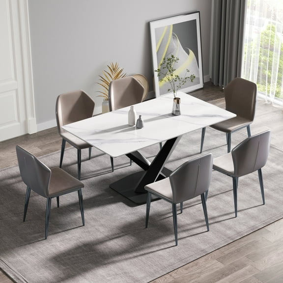 Modern artificial stone dining table with black metal X-leg, seats 6