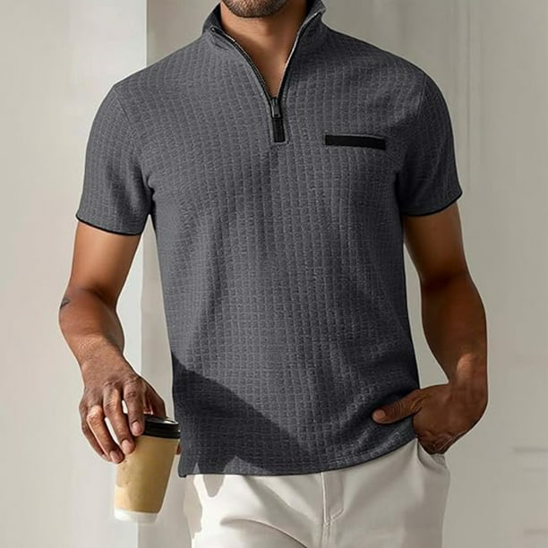 Blusa y camisa de cuello alto de manga corta para hombre, blusa informal de verano a la moda de color liso con cuello alto y cremallera, blusa/camiseta para hombre.