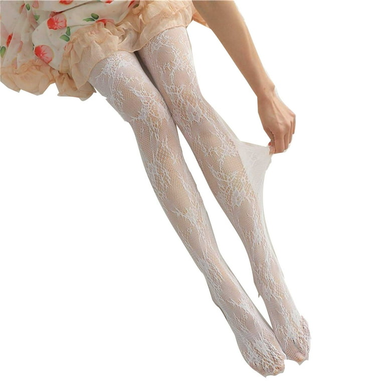 Frehsky thigh high stockings Women's Pattern Tights Fishnet Ribbon Floral  Print Pantyhose Stockings Seggings Free Size (without Panties) White