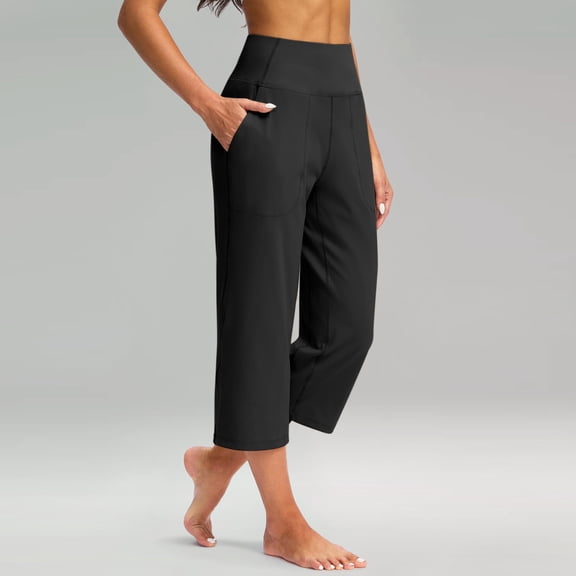 Fartey Women's Yoga Capris Casual Loose Wide Straight Leg Cropped Pants Elasticity High Waist Tummy Control Capri Legging with Pockets