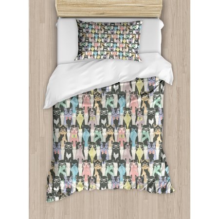 Cat Duvet Cover Set Pattern With Hipster Playful Feline