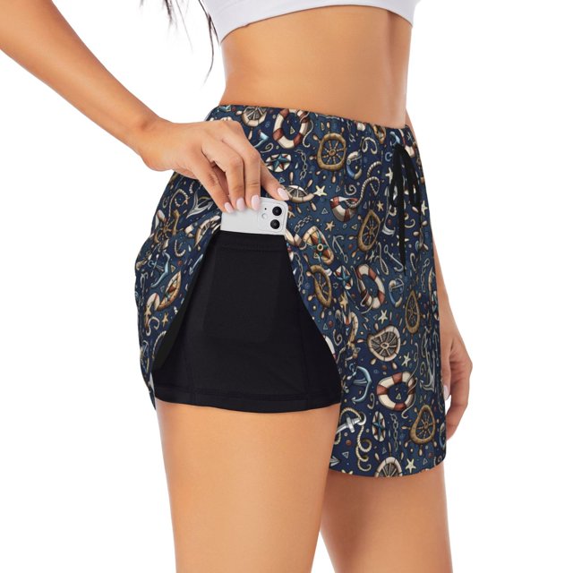 Balery Nautical Pantalones cortos deportivos para mujer con forro y dos bolsillos, elásticos, para entrenamiento, gimnasio, yoga-Medium