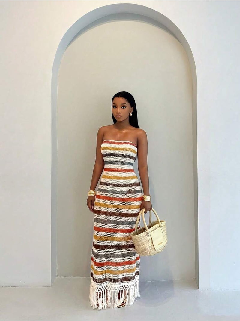 Ladies Beach Summer Crochet Mesh Tassel Hem Strapless Maxi Dress, Fake Two-Piece Design