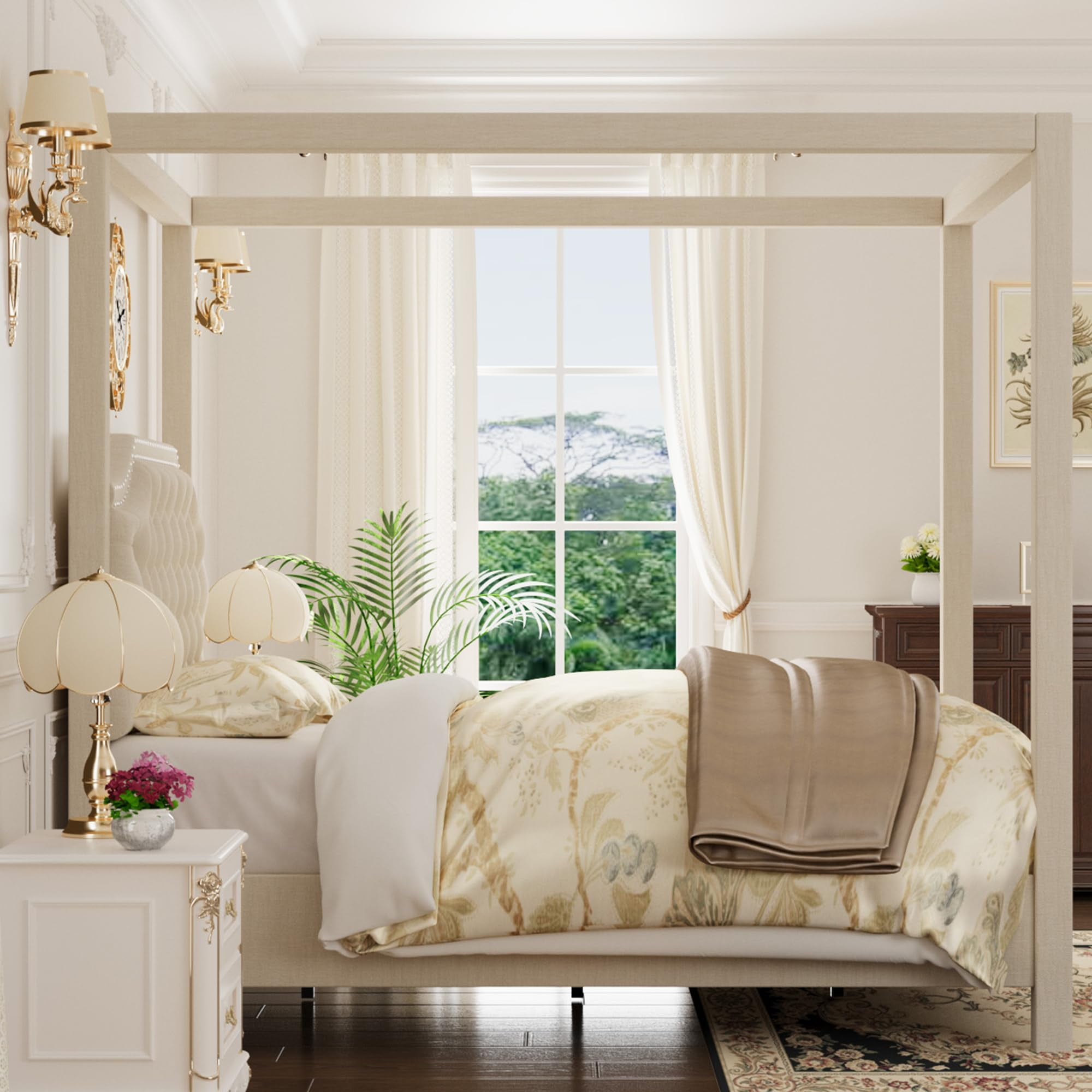 Queen Size Canopy Bed Frame with Nailhead Decoration Headboard，Upholstered Bed Frame with Poles 4 Corner Bed Bracket,Solid Wood Slats Support,Beige
