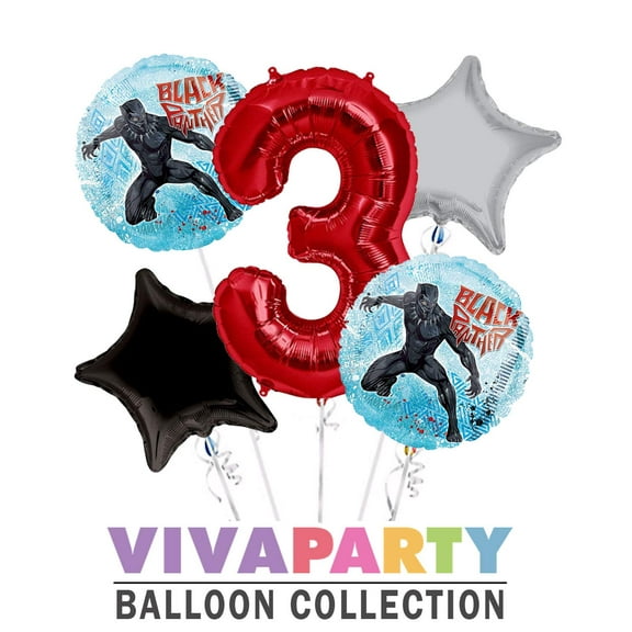 Black Panther Round Balloon Bouquet 5 pc, 3rd Birthday, Red Number 3 Jumbo Balloon | Viva Party Balloon Collection