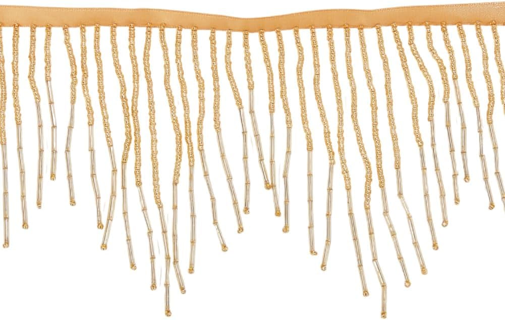 1set 1.8 Yards Glass Beads Fringe Tassel Lace Trim Ribbon Ribbon Clothing Accessories golden 5-1/2 inch(140mm)