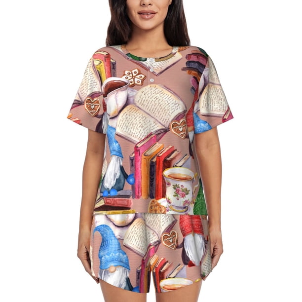 Balery Gnomes Books Tea Cups Conjunto de Pijama para Mujer con Estampado, Dos Piezas de Manga Corta y Shorts, Ropa de Dormir Suave con Cuello Redondo y Bolsillos-4X-Large
