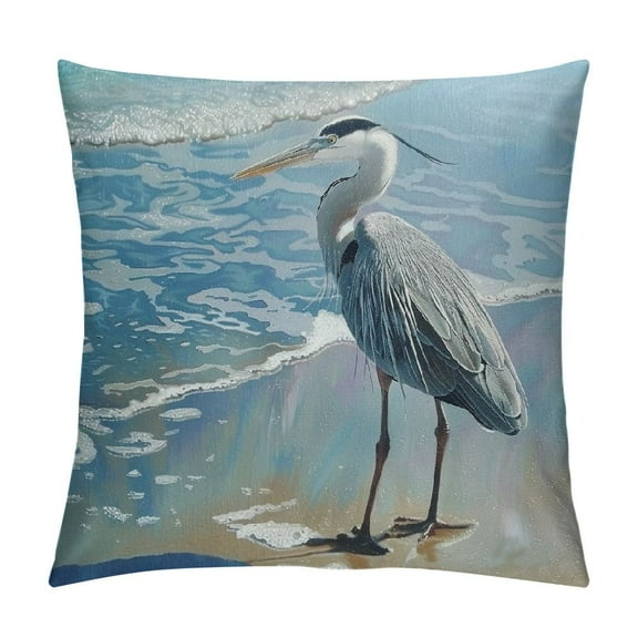 Chilfamy Blue Heron Beach Throw Pillow Covers Summer Coastal Nautical Ocean Sea Wave Pelican Decorative Pillow Cases Farmhouse Bird Cushion Cover for Couch Sofa Outdoor