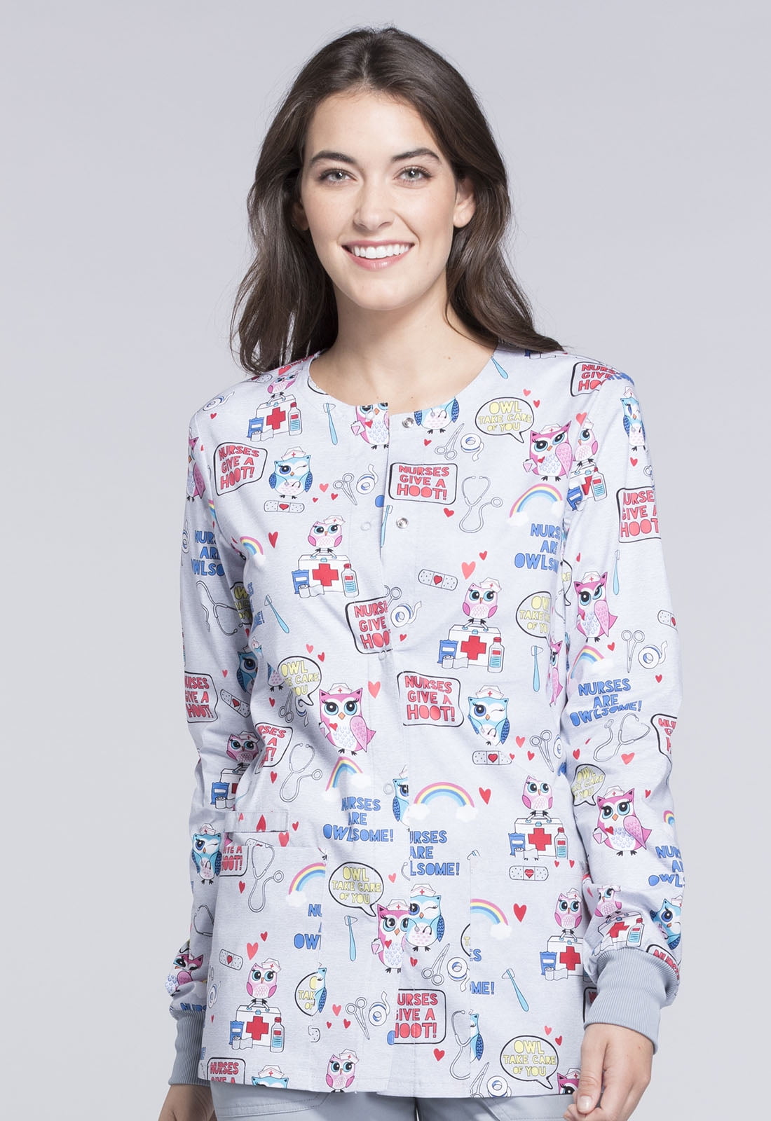 Cherokee Prints Women Warm Up Medical Scrubs Jacket Snap Front Plus