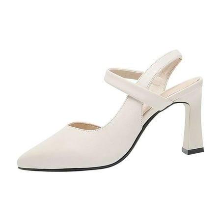 hopeusnice Women s Slingback Heels Pointed Toe Chunky Heel Dress Shoes Faux Leather Ankle Strap Wedding Party Pumps High Heels Shoes White 35