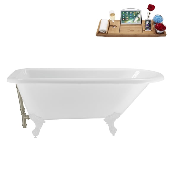 62" Streamline N4840WH-BNK Soaking Clawfoot Tub and Tray With External Drain in Brushed Nickel and Glossy White Clawfeet