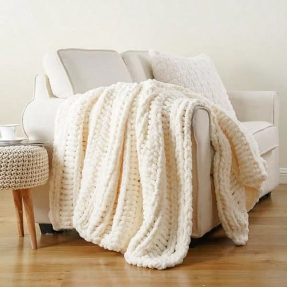 Cream Chunky Knit Throw Blanket for Couch er Soft Chenille Throw Blanket Cozy Warm Thick Ivory White Cable Knitted Blanket for Sofa Bed Living Room 50x60