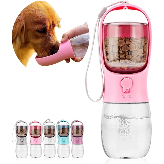 2-in-1 Portable Pet Water Bottle with Food Storage Container, Travel Drinking Bowl for Small Dogs, Puppies & Cats Walking Hiking Outdoor Use (Pink)