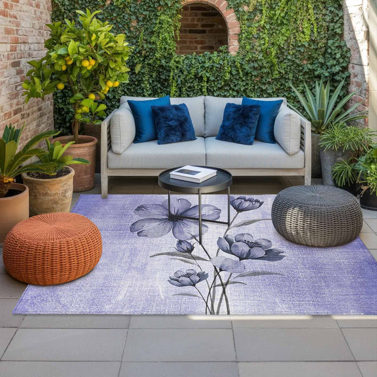 Purple Floral Outdoor Rug for Patio/Deck/Porch, Non-Slip Large Area Rug 5 x 8 Ft, Vintage Botanical Gradient Pastel Painting Indoor Outdoor Rugs Washable Area Rugs, Camping Rug Carpet Runner