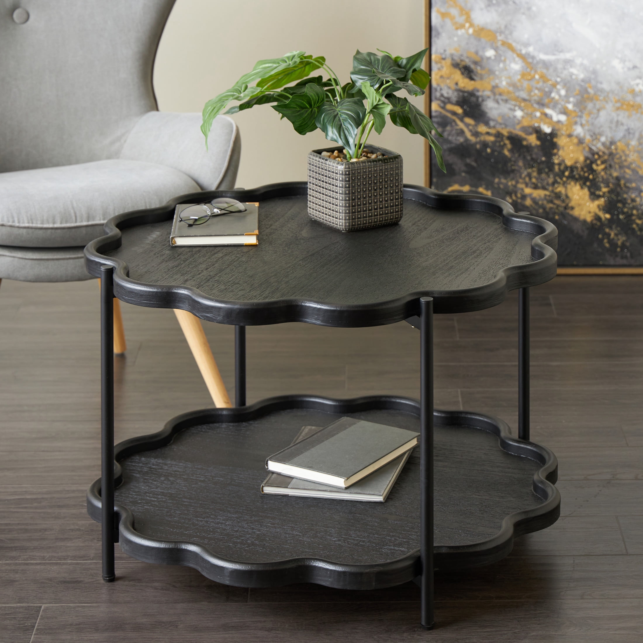DecMode 32" x 20" Black Wood Floral Inspired 2 Level Coffee Table with Metal Legs, 1-Piece