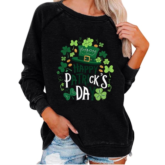 Goodeals Happy St. Patrick's Day Sweatshirts Women Cute Long Sleeve Crewneck Shirts Casual Loose Clover Shamrock Graphic Tops Irish Gift Pullover(Black,L)