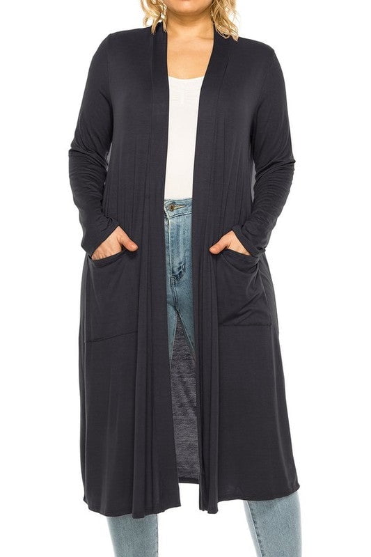 Plus Size Open Front Long Duster Cardigan-Rust / XL 