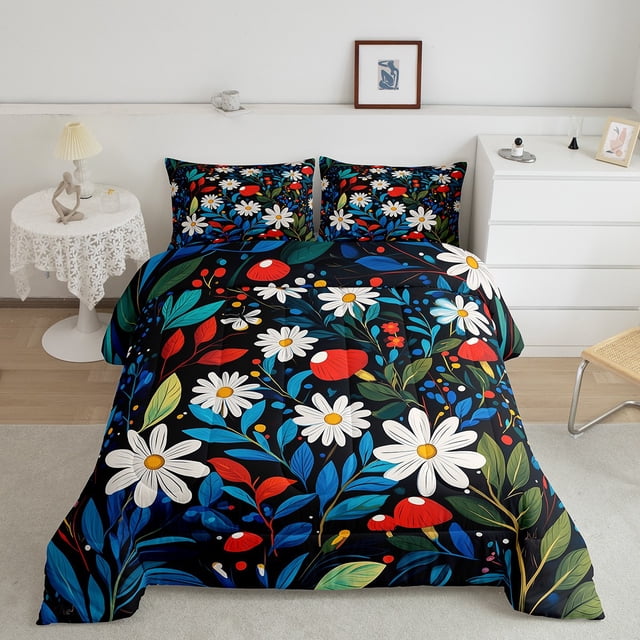 Erosebridal Floral Print Bedding Queen Comforter Set, Cartoon Botanical Down Comforter, Mushroom Room Decor, Reversible 3pcs