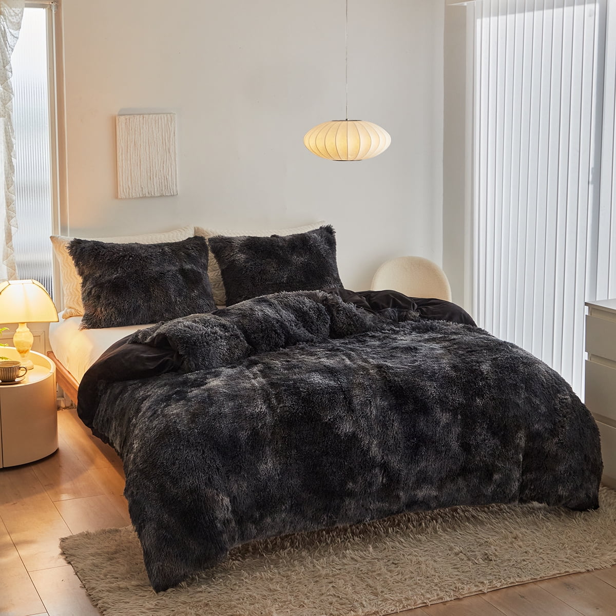 Wajade Plush Duvet Cover Set Fluffy Fuzzy Comforter Cover Set (1 Duvet Cover+2 Pillow Shams) King Size,Black