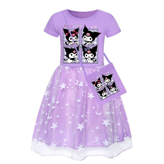 Kid girls Kuromi short sleeve dresses summer crewneck princess dress lightweight tulle dress with bag