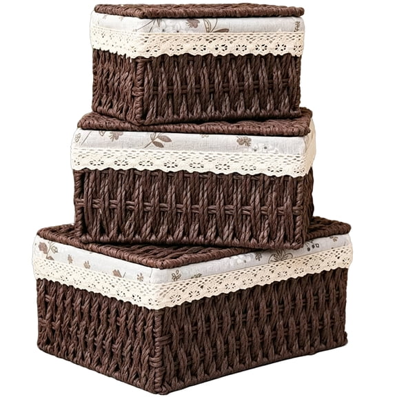 3 Pcs Paper Rope Woven Storage Baskets, Small Woven Basket Set with Liner, Decorative Nesting Organizer Bins, for Bathroom, Kitchen, Shelves, Dressers, Coffee Color