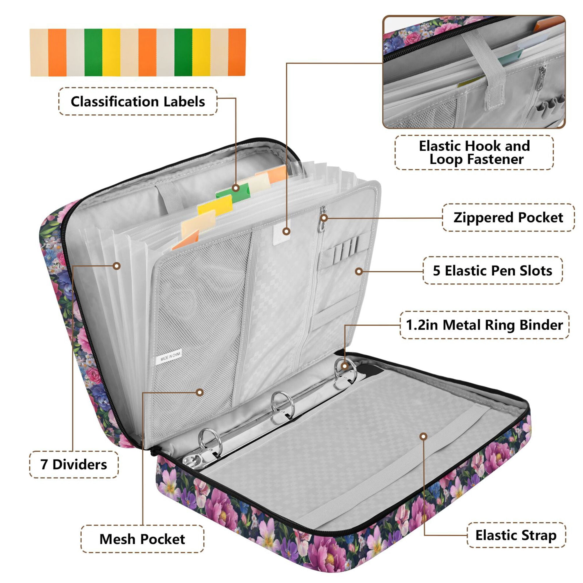 FORMRS Accordion File Folder A4 Size 7-Pocket Expanding Document Organizer Bag with 3 Ring Binder, Soft Pinks Flowers