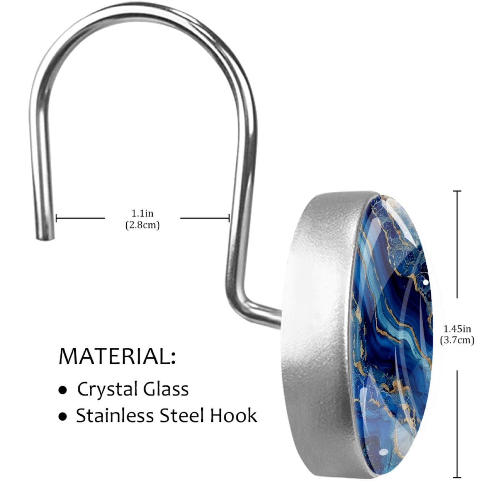 HemaKayy 12 Pcs Decorative Marble Shower Curtain Hooks - Elevate Your Home Decor - Rust-Proof Stainless Steel Rings for Bathroom, Bedroom, Kitchen - Easy to Install & Durable - Blue Gold Liquid