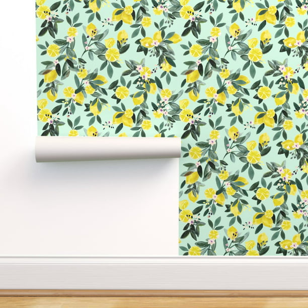 Peel & Stick Wallpaper 3ft x 2ft - Clementine Lemons Mint Citrus Flowers  Yellow Fruit Custom Removable Wallpaper by Spoonflower 