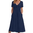 thumbnail image 1 of Vestido largo liso con cuello en V y volantes de encaje para mujer - Poliéster elástico, elegante/casual, lavable a máquina, para la noche/cócteles, 1 of 7