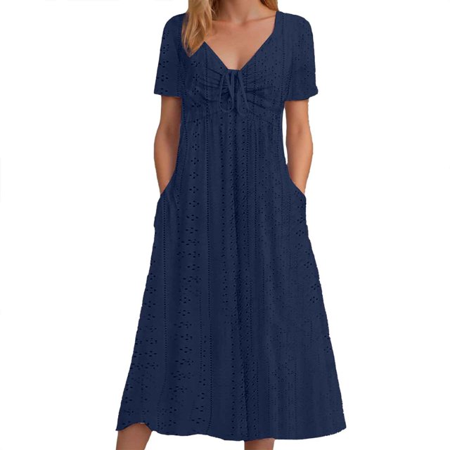 Vestido largo liso con cuello en V y volantes de encaje para mujer - Poliéster elástico, elegante/casual, lavable a máquina, para la noche/cócteles