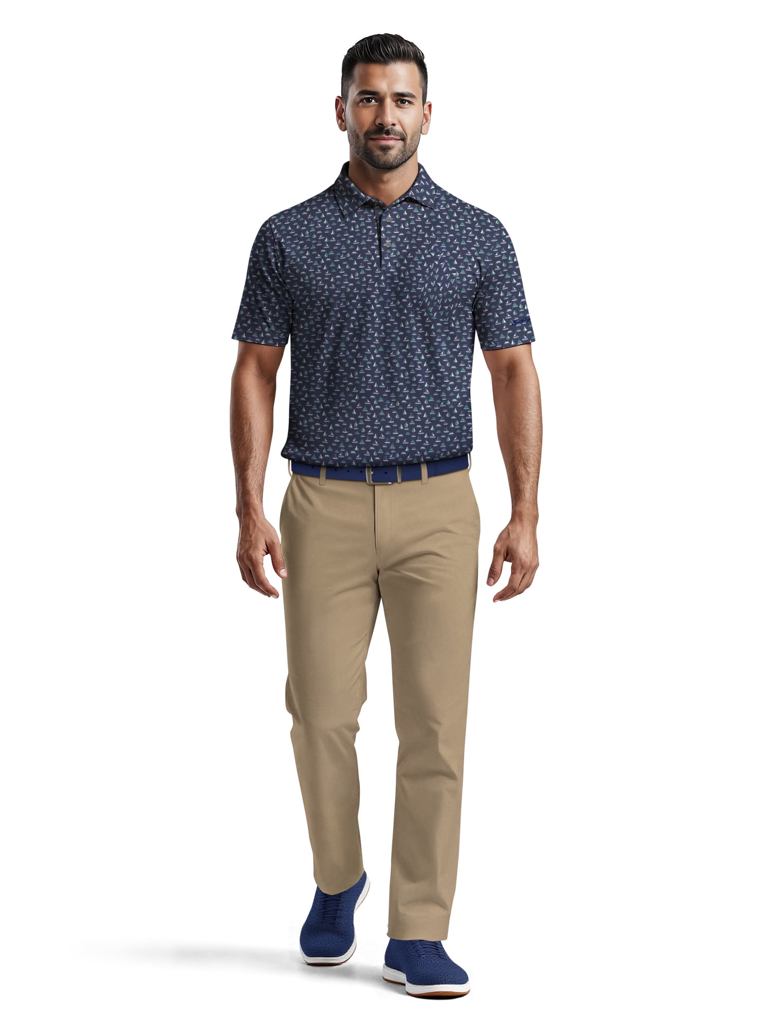 Ben Hogan Men's & Big Men's Performance Boat Print Short Sleeve Polo Shirt, up to 5XL