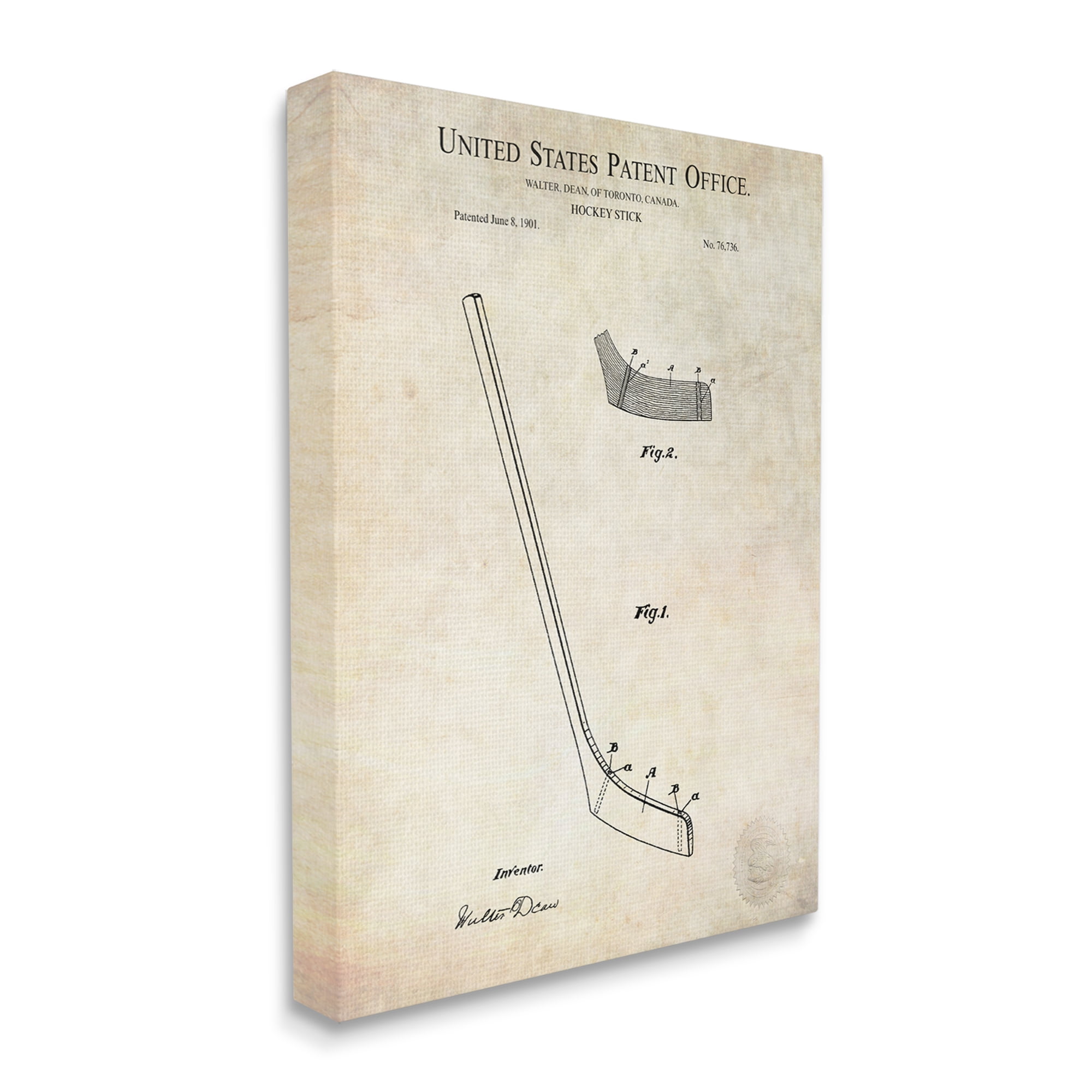 Stupell Industries Vintage Hockey Stick Sports Diagram Patent Blueprint Canvas Wall Art, 36 x 48, Design by Karl Hronek
