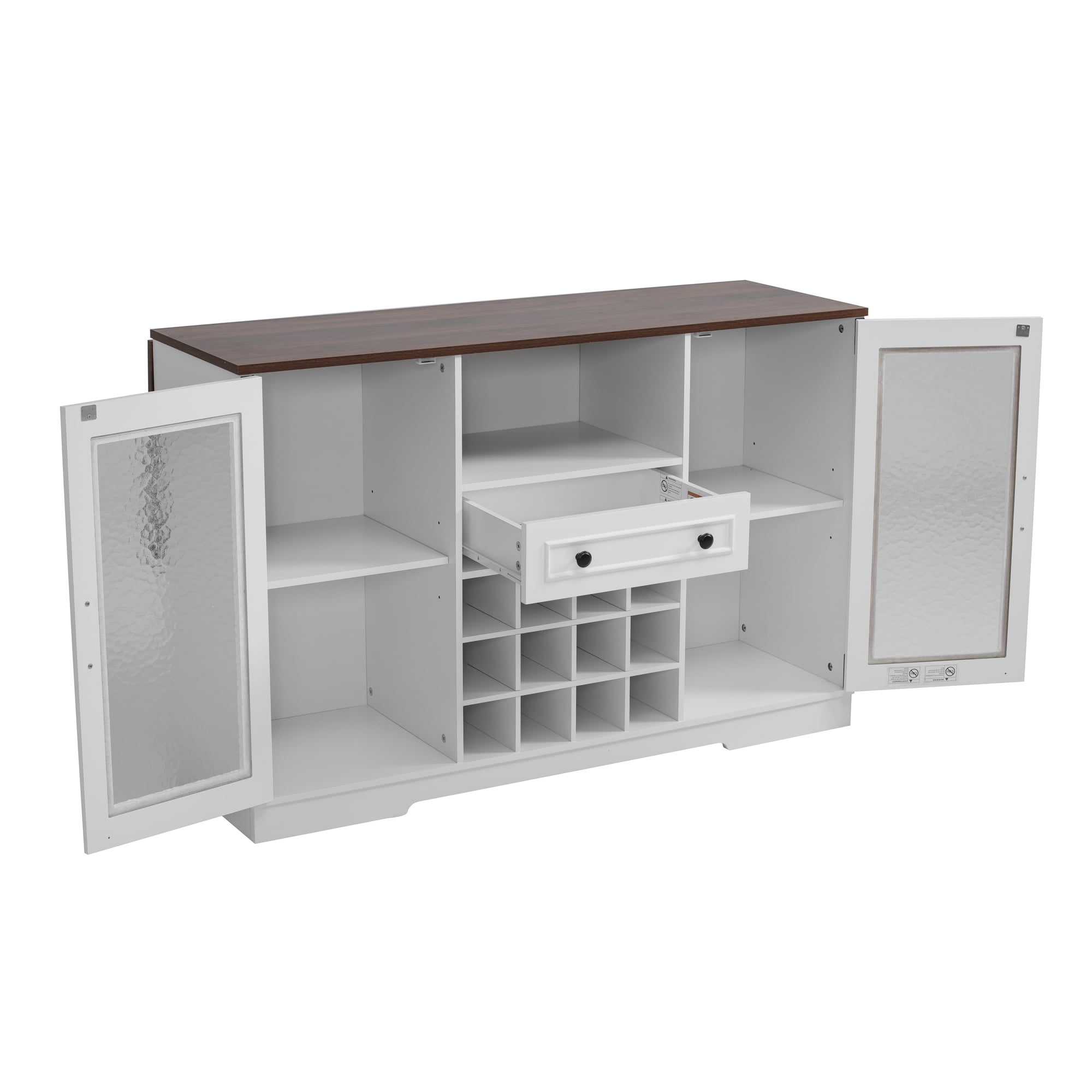 Euroco Coffee Bar Cabinet with Drop Leaf, Liquor Wine Bar Cabinet with LED Lights,Glass Doors,12 Wine Racks,1 Drawer & Open Shelf,Farmhouse Kitchen Cabinet for Dining Room,Walnut+White