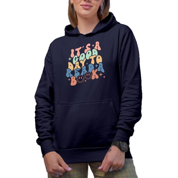 It's a Good Day to Read a Book, Retro Groovy Wavy Text, Navy Blue Hooded Sweatshirt or Hoodie, Small