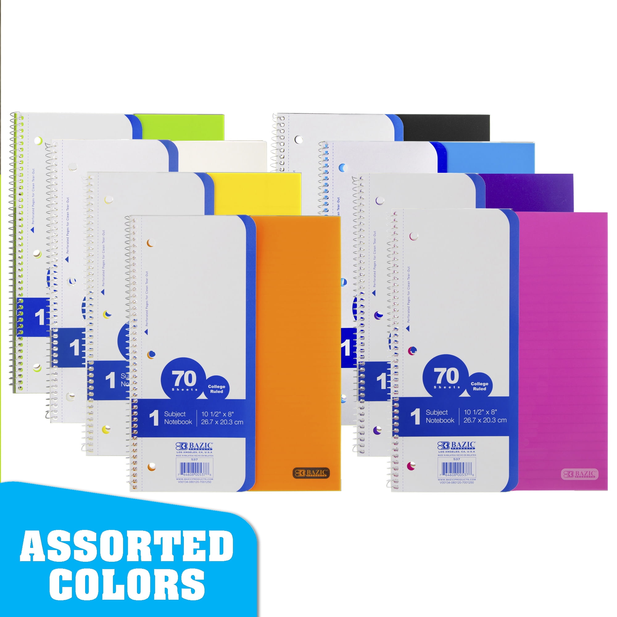 BAZIC College Ruled 1 Subject Poly Cover Spiral Notebook 70 Sheet, Assorted Color, 8-Pack