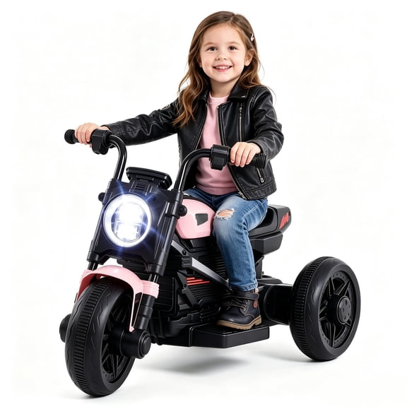 ELLEGNT Kids Electric Motorcycle 6V 22W 3 Wheel Chopper Ride On Toy with LED Light Music, Pink & Black