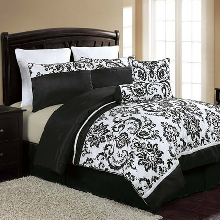 VCNY Home Danielle 8-Piece Black and White Damask Flocked Bedding Comforter Set, Euro Shams Included