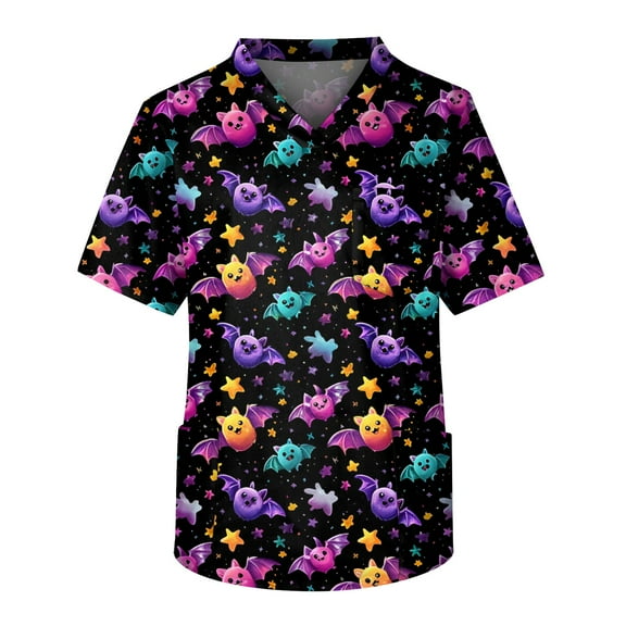 Inglocry Men's Halloween Scrubs Tops Plus Size Short Sleeve V-Ncek Printed Working Nurse Unifrom with Pocket Black 3XL