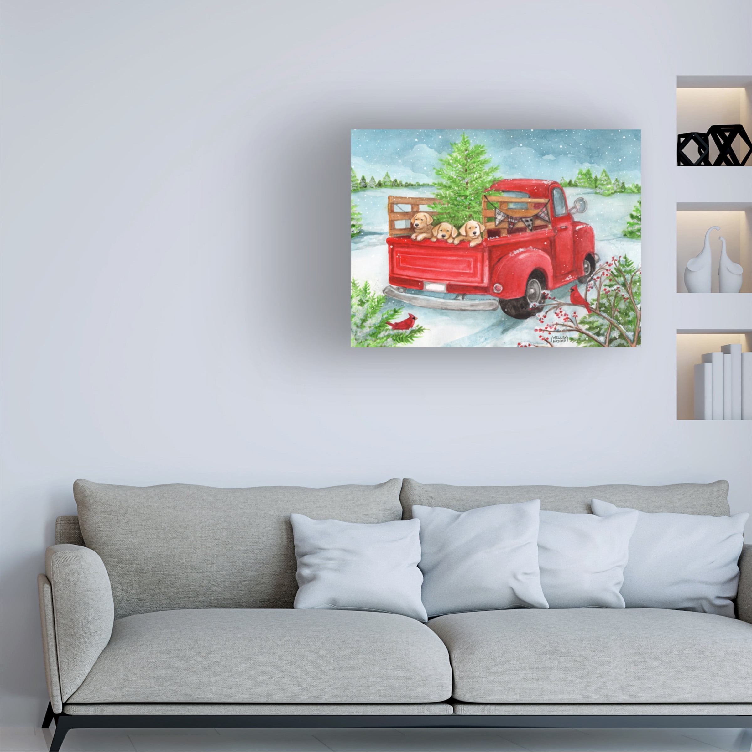 Melinda Hipsher 'Red Truck Christmas Tree And Puppies Snowing' Canvas Art