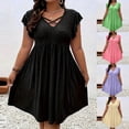 thumbnail image 1 of IFNWSV Robes Grande Taille, Robe Ligne A à Col en V Uni avec Manches à Volants, Décor Croisé, Style Décontracté Élégant, Robes d'Été pour Femmes Violet 2TG, 1 of 6