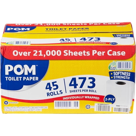 Pom Embossed 2-ply Toilet Paper, White, 45 Rolls, 473 Sheets